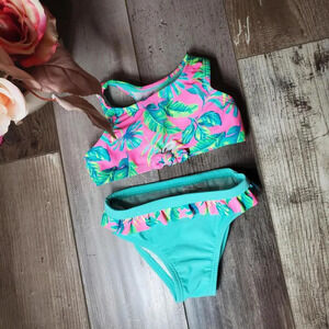 Wonder Nation Baby Girl 2 pc Swimsuit Bikini Size 12m Teal Hot Pink Tropical